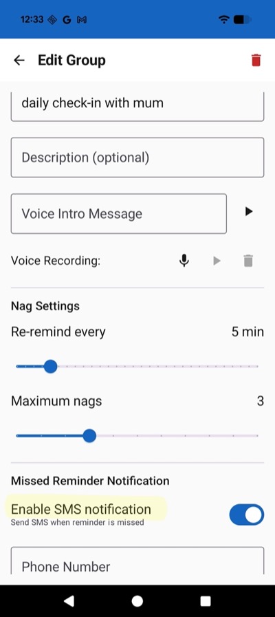 SMS notification settings