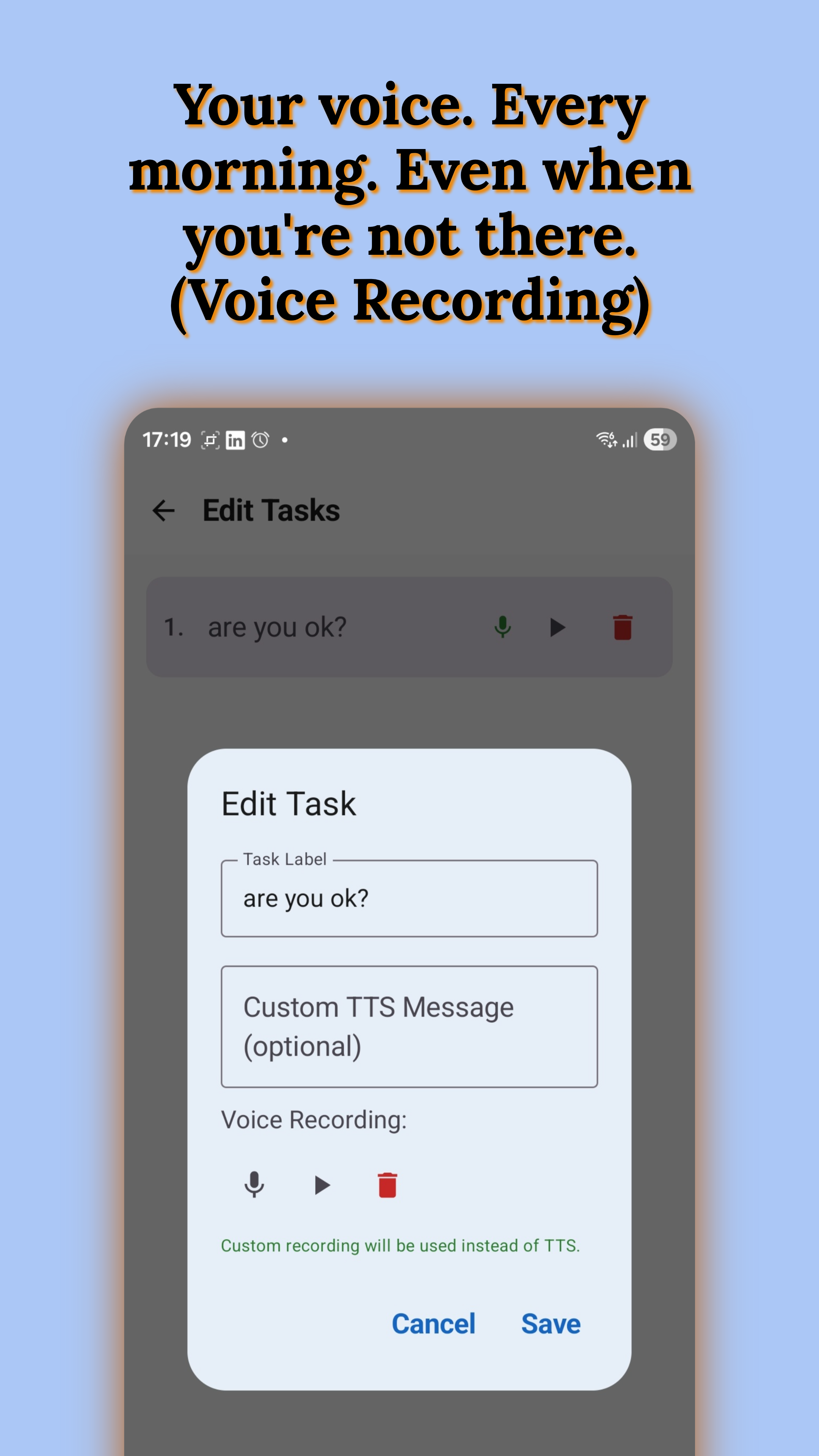 Task editor with voice recording option — record your own voice for each task