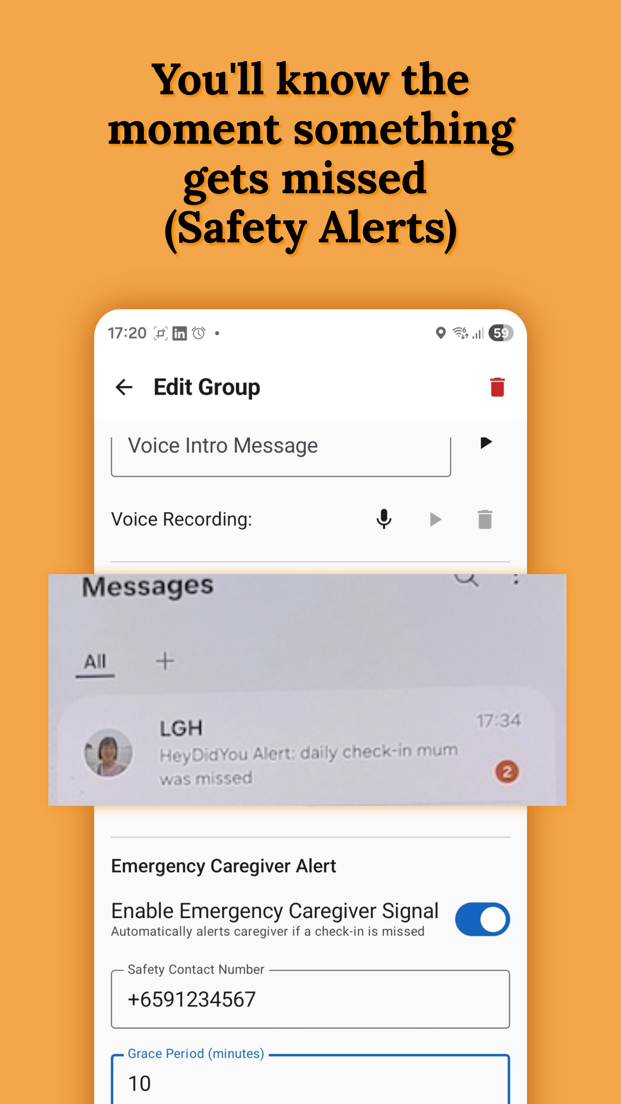 Emergency Caregiver Alert setup showing SMS received when check-in is missed