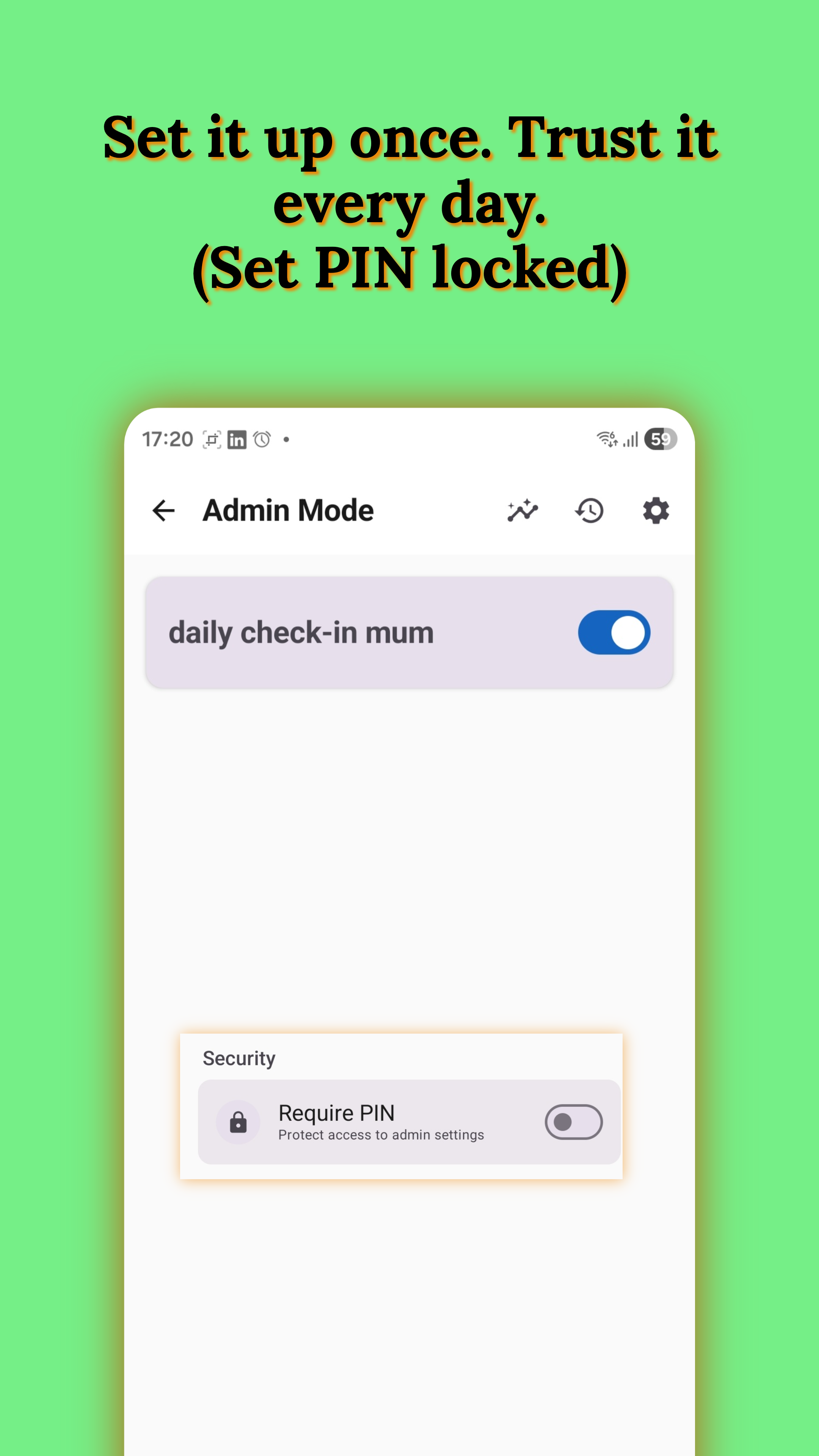 Admin Mode showing check-in group and PIN protection security setting