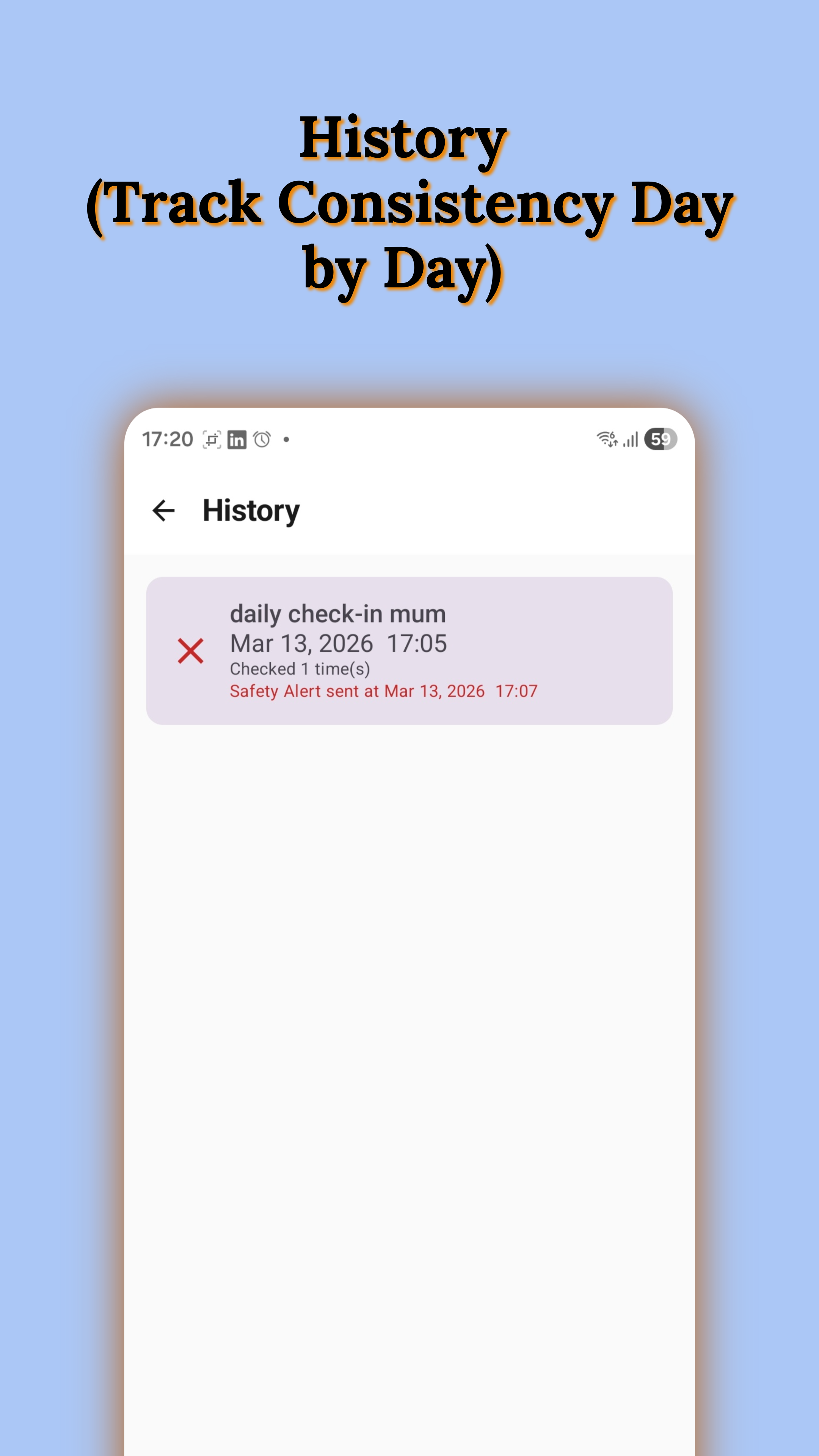 History screen showing a missed check-in with Safety Alert timestamp